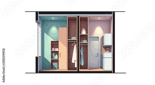 3D Cross-Section of Minimalist Studio Apartment Interior with Space-Saving Storage and Modern Organization Layout