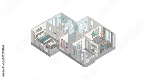 Modern Isometric Apartment Floor Plan 3D Illustration with Furniture and Minimalist Interior Design