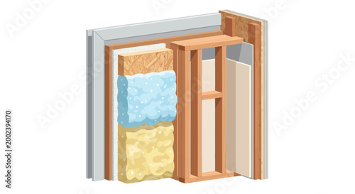 Detailed 3D Cross-Section of Insulated Wall Structure with Wood Studs, Fiberglass Insulation, and Drywall Layers for Energy Efficient Home Construction