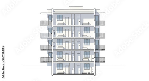 Architectural Cross-Section of a Modern Multi-Story Apartment Building with Interior Layouts
