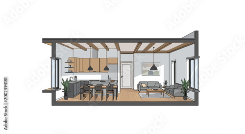 Modern Open Plan Studio Apartment Interior Design Cross Section Illustration