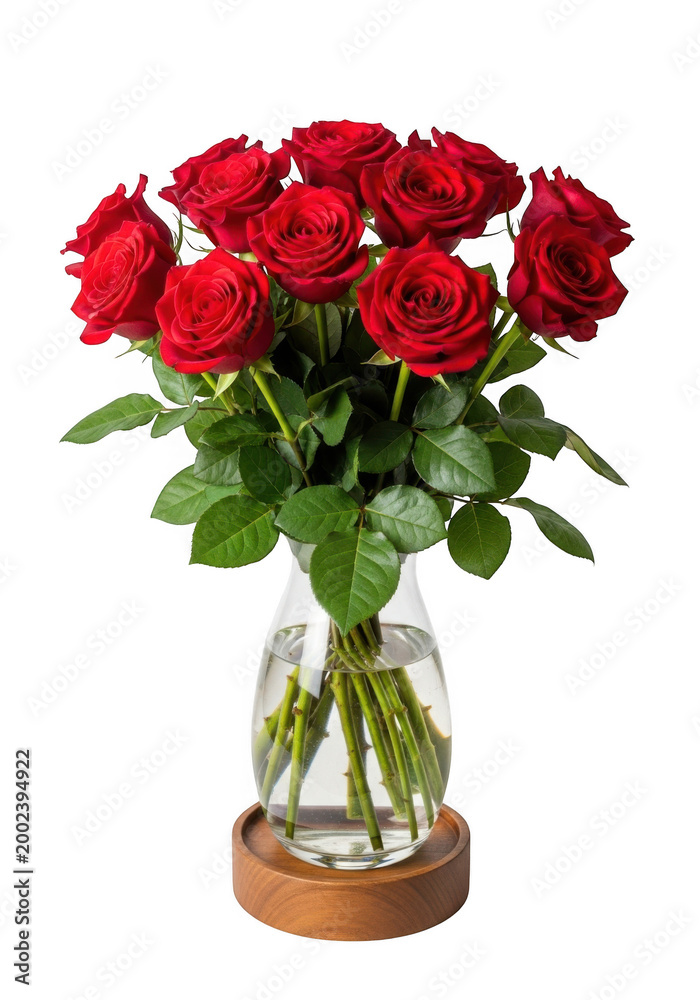 Fototapeta premium A beautiful bouquet of red roses in a vase isolated on transparent background isolated on transparent background
