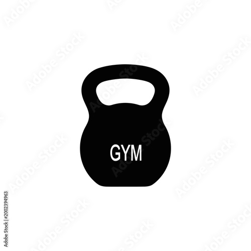 Simple black silhouette of a kettlebell with 'GYM' text, an essential fitness equipment icon for strength training and workout designs, isolated on white