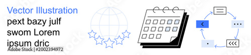 Project management, workflow process, global collaboration, team organization, scheduling, data management. Graphic showing calendar, globe and process icons. Workflow process and project management