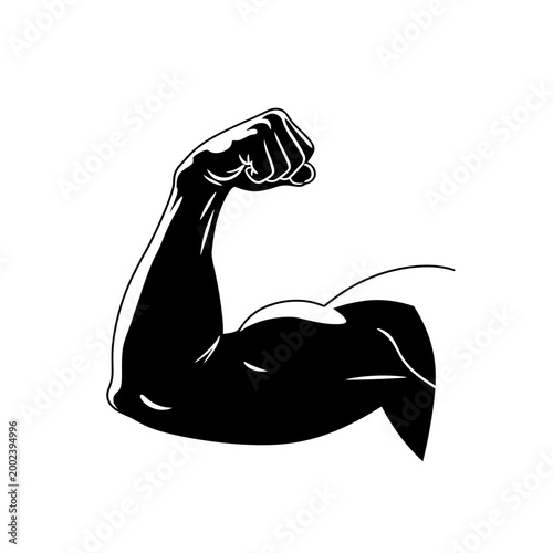 Illustration of a flexed bicep muscle, symbolizing strength, fitness, and power in a black and white graphic style