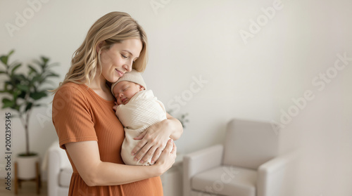Mother holding sleeping newborn baby in her arms. Happy young woman swaddling infant in a bright minimalist room. Motherhood and bonding concept. Copy space for text