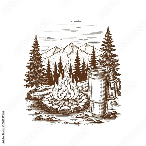 Brown travel mug near campfire outdoors.