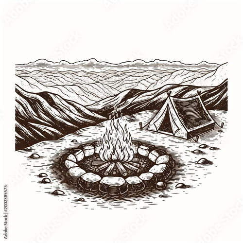 Camping fire in stone ring outdoors.