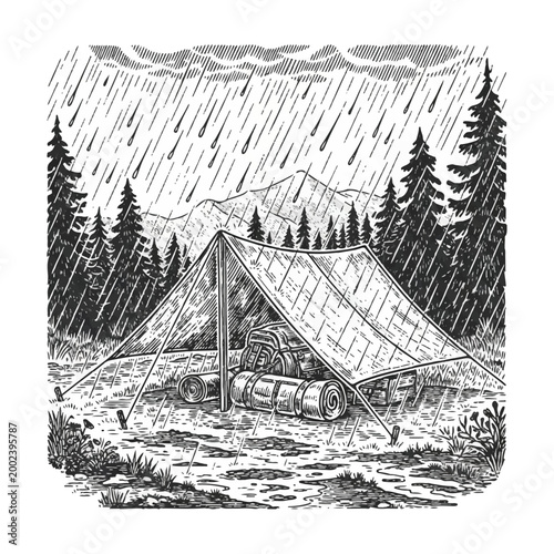 Camping Tent in Heavy Rain Storm.