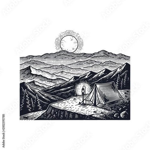 Camping Tent in Mountain Landscape Scene.