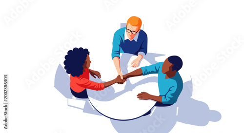 Diverse Business Professionals Shaking Hands over a Round Table, Teamwork and Collaboration Concept Vector Illustration