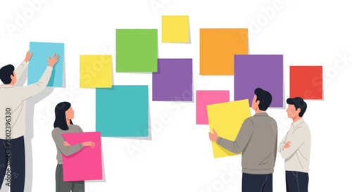 Business Team Brainstorming and Planning with Colorful Sticky Notes Illustration