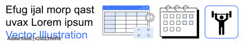 Business planning, time management, fitness tracking, data organization, scheduling, goal setting. Spreadsheet with formula, calendar and weightlifting icon. Time management and fitness tracking