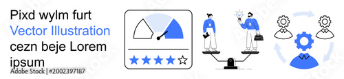 Business strategy, productivity analysis, teamwork, process automation, performance evaluation, digital transformation. Two business figures on a scale, rating indicators gear icons. Productivity