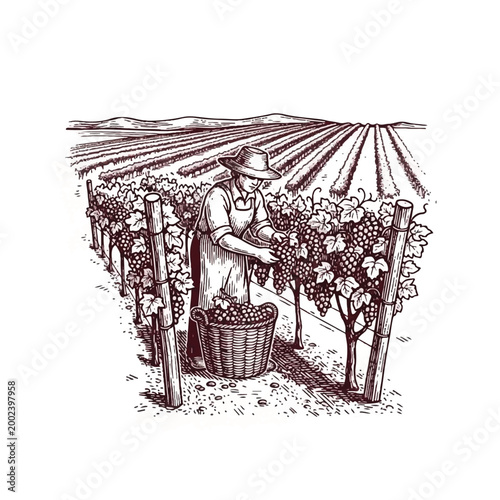 Man picking grapes in vineyard.