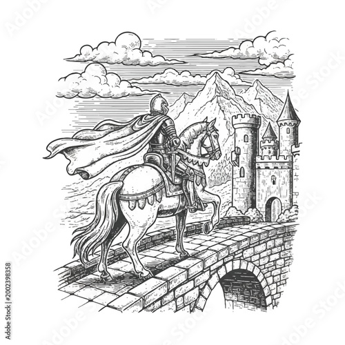 Medieval knight on horseback crossing bridge.