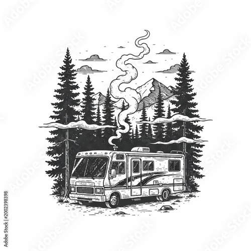 Motorhome parked in a forest.