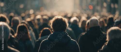 A blurred view from behind a person looking into a large, indistinct crowd of people.