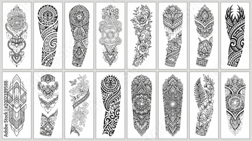 Collection of Black and White Tattoo Designs Featuring Intricate Patterns and Floral Motifs