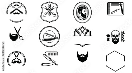 A comprehensive vector collection of classic barbershop logos and emblems, perfect for men's grooming services, featuring vintage razors, scissors, and stylized beards for professional branding