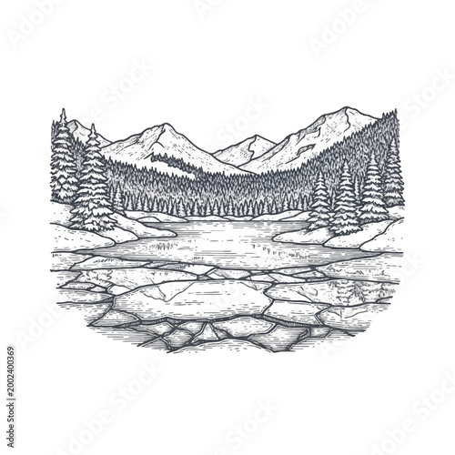 Snow covered mountain range landscape scenery.