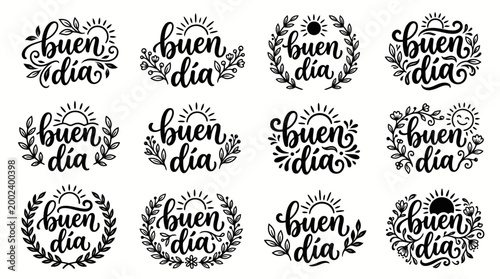 Set of hand-drawn 'buen dia' calligraphy designs with decorative elements like sun and leaves, perfect for greeting cards and merchandise