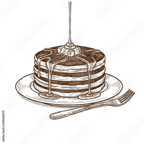 Syrup drizzling on stacked pancakes.