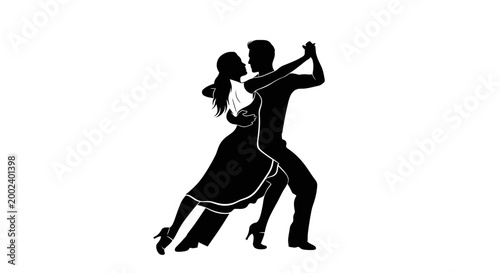 Couple dancing tango in black silhouette.