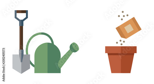 Gardening tools shovel watering can gloves seeds pot