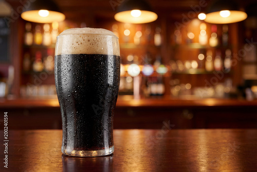 Glass of dark stout beer with foam head on bar counter