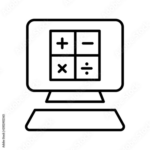 Desktop calculator icon. Business and office tools line symbol. Black and white.