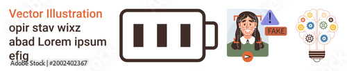 Misinformation, digital content, battery power, energy levels, fake news, media influence. Icons of battery, woman with fake news warning and lightbulb with gear symbols. Misinformation and digital