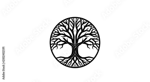 Stylized Tree of Life Symbol in Circle, Black and White