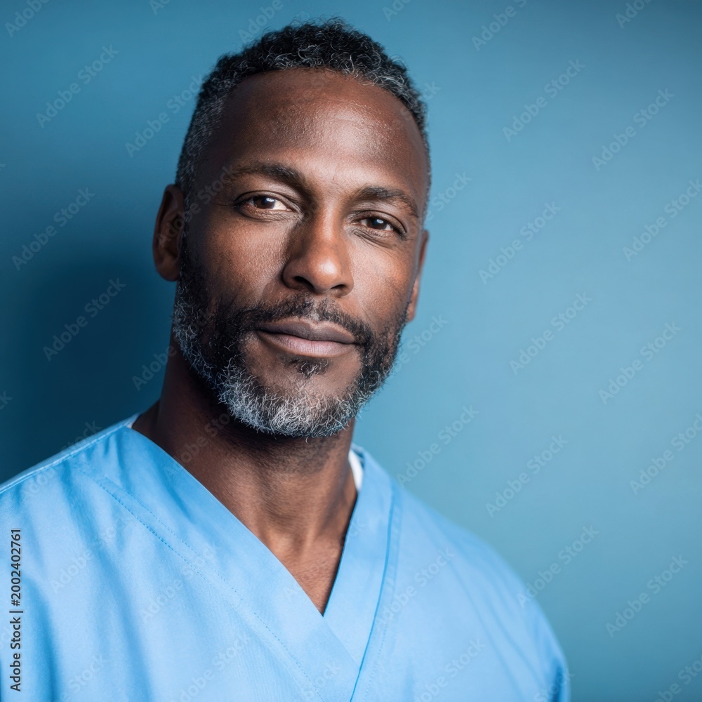 Fototapeta premium Confident middle-aged healthcare professional wearing light blue scrub suit standing against a solid blue background with a calm and reassuring expression