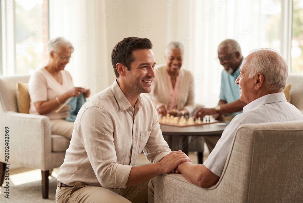 Obraz premium Male caregiver providing support and companionship to a senior man in a nursing home