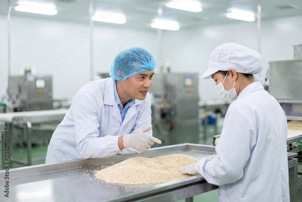 Obraz premium Male and female quality control workers inspecting grains in factory