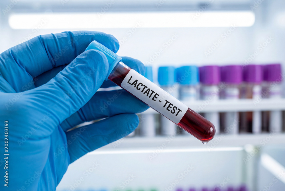 Fototapeta premium Technician holding a blood sample for a lactate test in a hospital laboratory setting