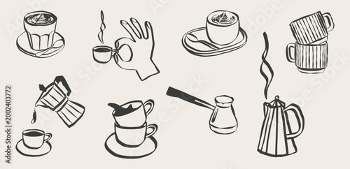 Whimsical coffee cups doodles. Whimsical style drinks with la dolce vita aesthetic in simple crayon and sketch style. Trendy art for menus of cafeteria and brunch invitations. Vector illustration