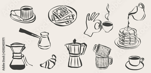 Charming breakfast illustration set with croissants, espresso cups and pastries. Line art doodles perfect for cafe menus, bakery posters or restaurant branding with retro charm