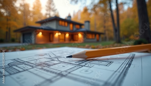 House blueprint with pencil on paper near modern home in autumn forest. Architect plans new building. Design construction process. Real estate development.