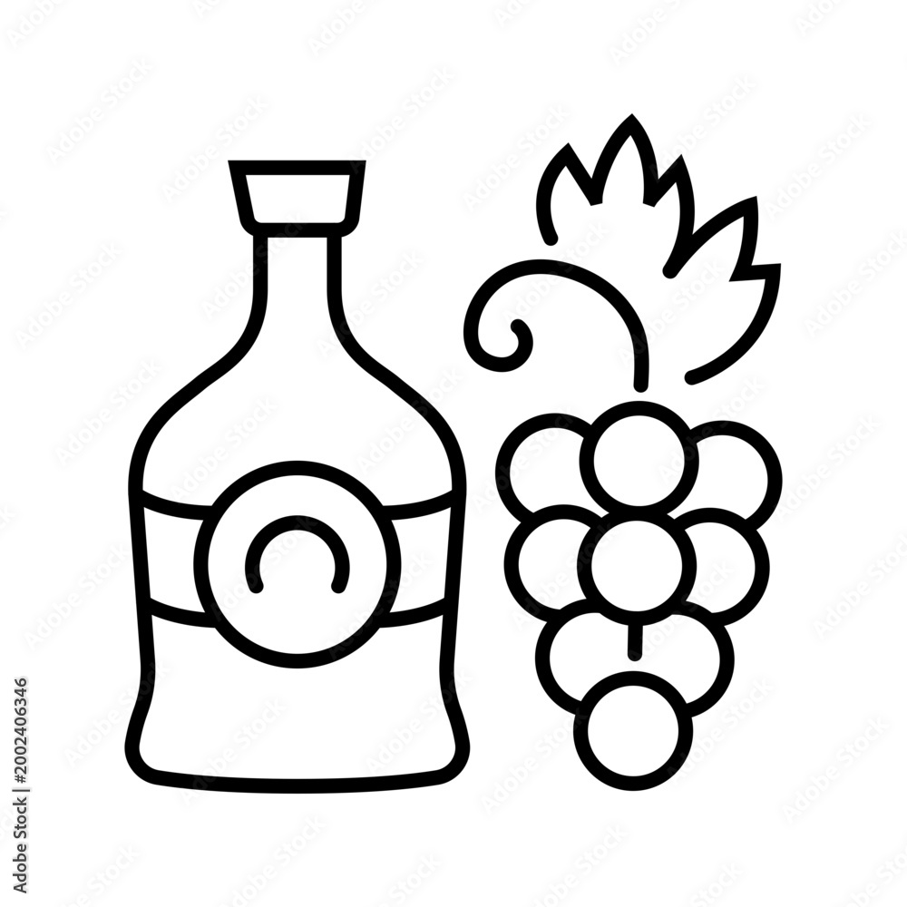Fototapeta premium Cognac bottle icon. Food and brandy line symbol. Black and white.