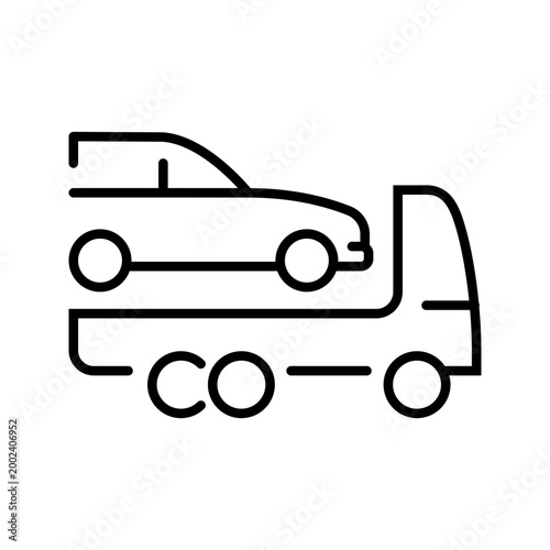 Tow truck icon. Transport and towing service line symbol. Black and white.