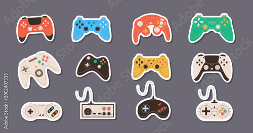 Retro flat sticker gamepad collection with videogame controller, y2k joystick and gadget. Colorful console and video game sticker pack, ideal for entertainment vintage themed designs.