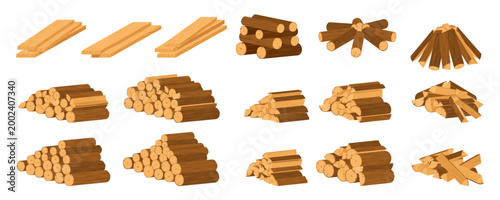 Flat brown wood log stack set in warm yellow and brown tone. Wooden firewood pile and split tree trunk bundle form tidy woodpile group. Campfire fuel stack icon collection for nature camp or lumber