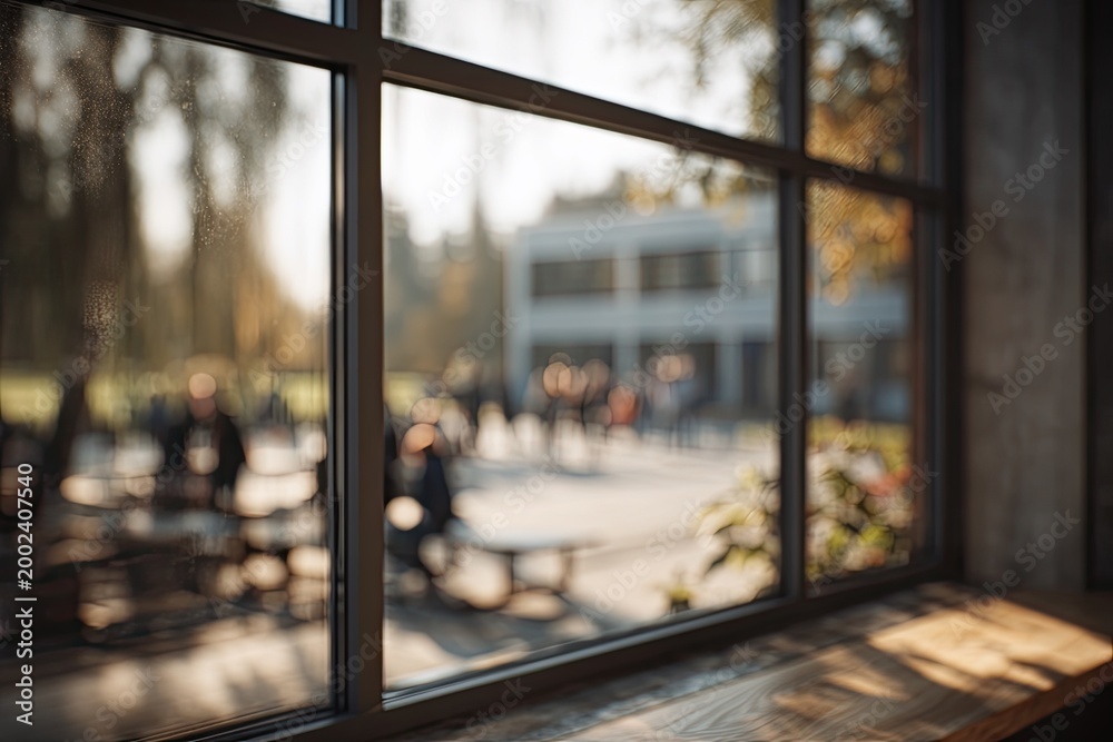 Fototapeta premium A blurred view of an outdoor area is framed by a large window with a dark frame, creating a soft and slightly mysterious atmosphere.