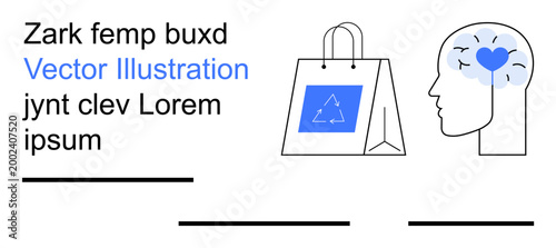 Eco-friendly lifestyle, environmental responsibility, conscious consumerism, mental health, sustainability, recycling. A shopping bag with a recycling symbol and brain with a heart. Eco-friendly