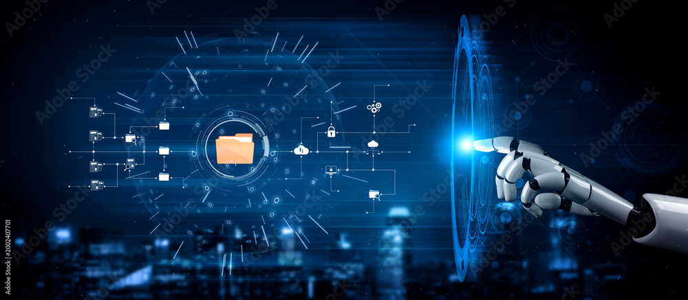 Fototapeta premium AI artificial intelligence assists digital folder management with smart sorting, cloud structure analysis, and virtual assistant access for workflow efficiency. Vouch