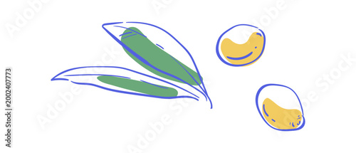 Minimalist vintage olive branch sketch icon. Simple mediterranean food emblem as cute italian symbol. Yellow color olives with green leaves suggest oil, menu art and cafe logo in linear hand drawn