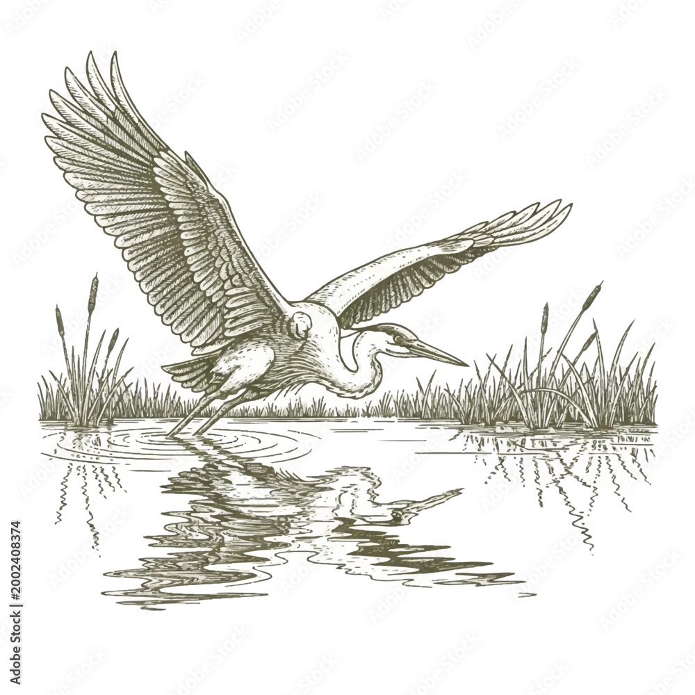 Fototapeta premium Heron Landing on Water Surface Calmly.
