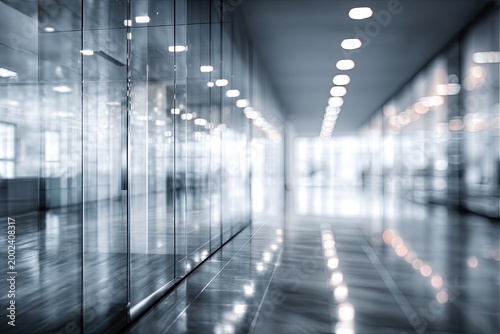 A blurred perspective showcases a modern interior with glass walls and sleek lighting, creating a sense of spaciousness and contemporary design.